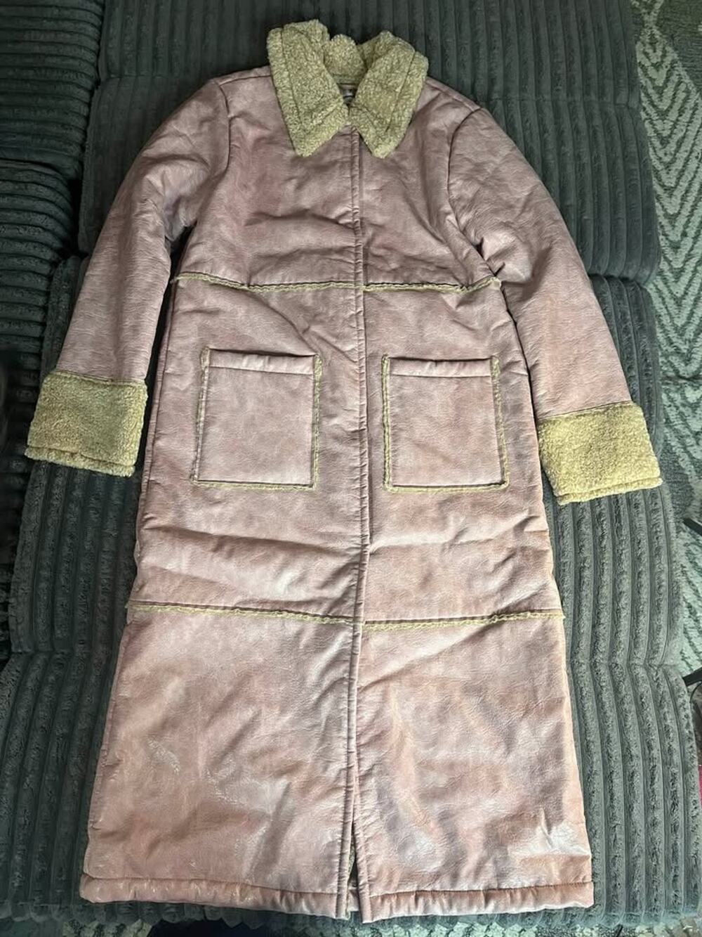 Kimchi Blue Dusty Pink Faux Shearling Long Trench Coat Sherpa Lined S